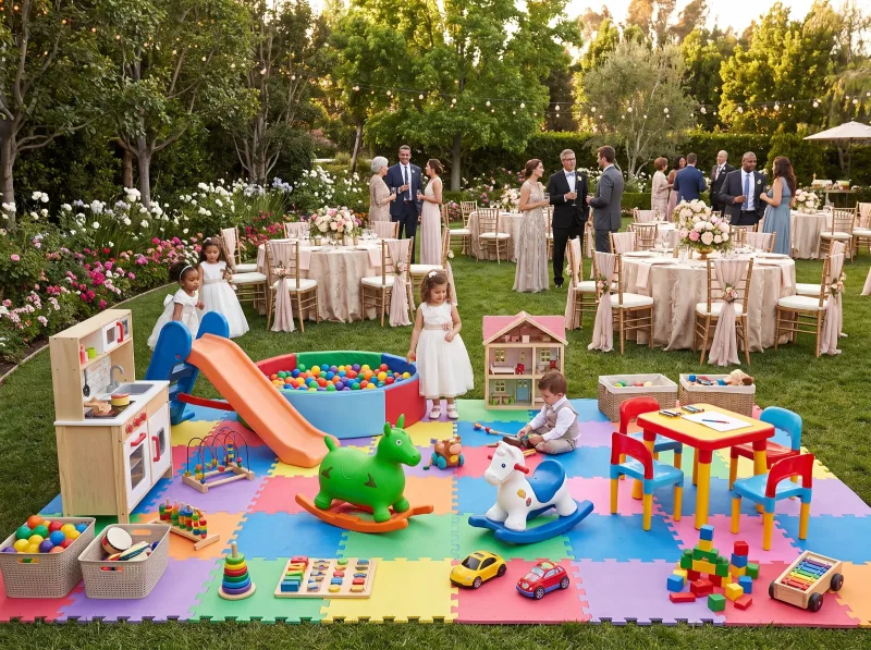 Espaço kids montado pela Recreação Criativa em festa de casamento, com brinquedos e piscina de bolinhas