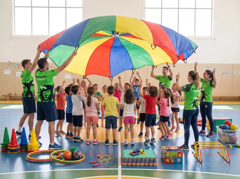 Recreadores da Recreação Criativa conduzindo atividade com paraquedas na quadra da escola