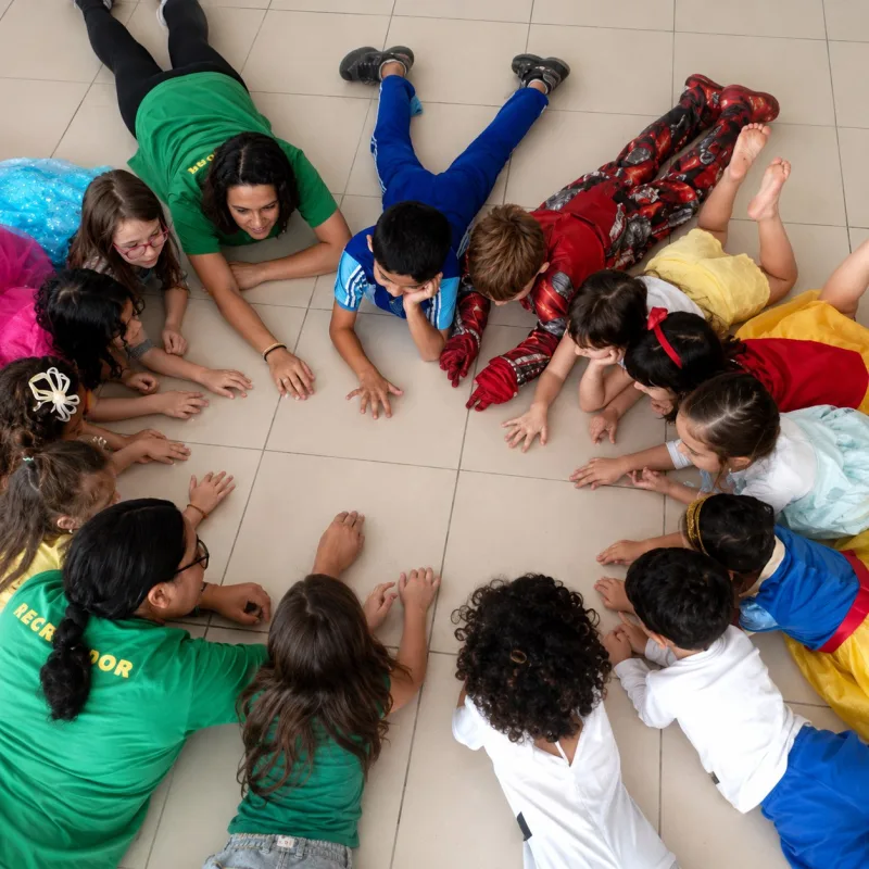 Recreadoras e crianças fantasiadas brincando em roda na festa infantil